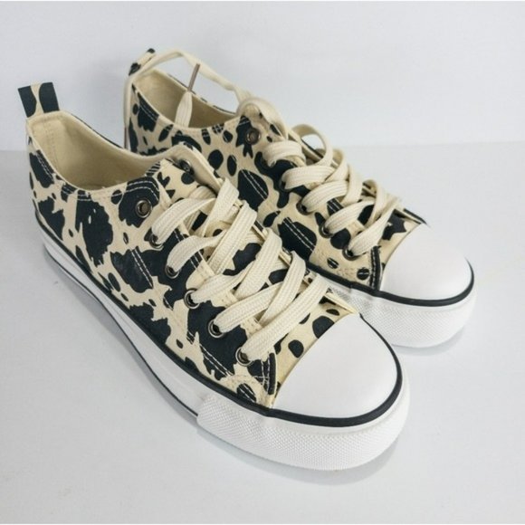 Olivia Miller Serena Laceup Sneakers Cow Print -7 - Picture 2 of 4